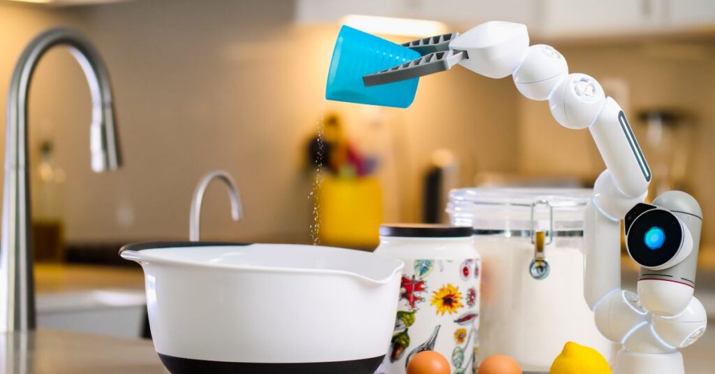 A robotic arm carefully pouring ingredients into a mixing bowl in a modern kitchen setting.