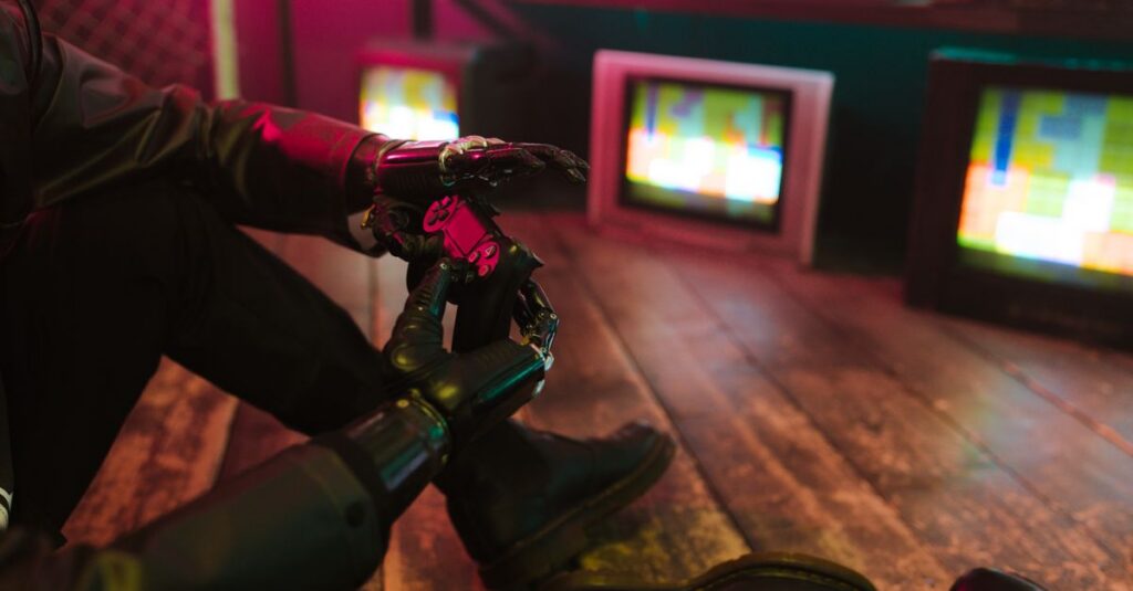 Futuristic cyberpunk vibe with a prosthetic hand holding a gaming joystick. Neon lights and retro TVs.