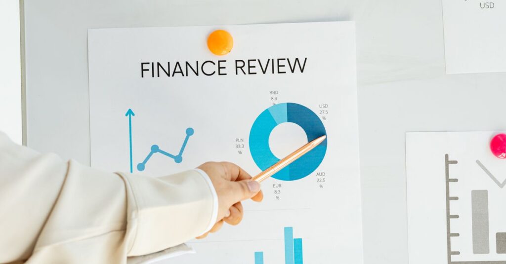 Close-up of hand pointing at finance report with charts and graphs on paper.