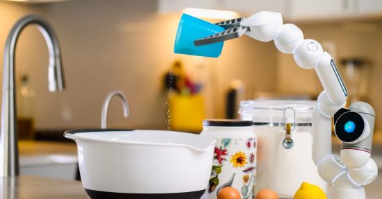 A robotic arm carefully pouring ingredients into a mixing bowl in a modern kitchen setting.